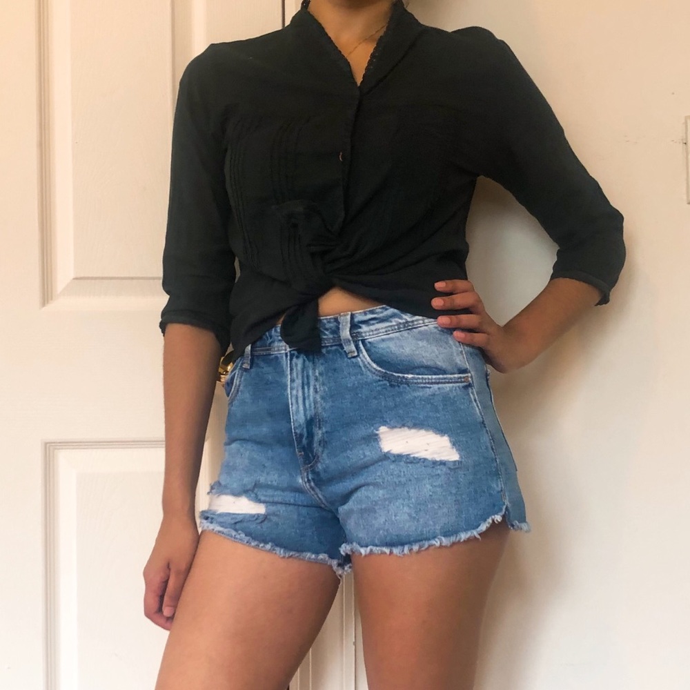 Cotton black button down boho blouse S BD